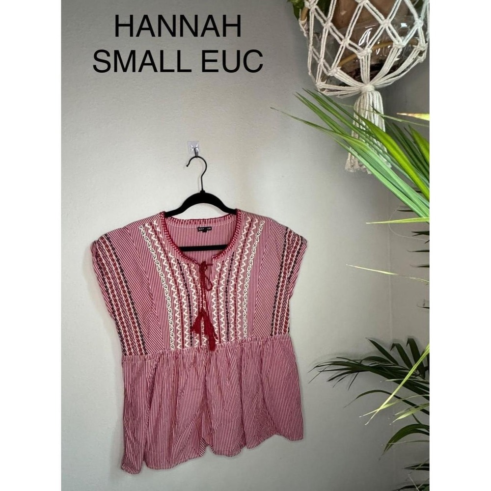Hannah Red White Striped Embroidered Peplum Top Cap Sleeve Tie Front Small EUC
